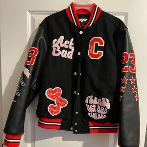 women red and black Caresha Please letterman jacket